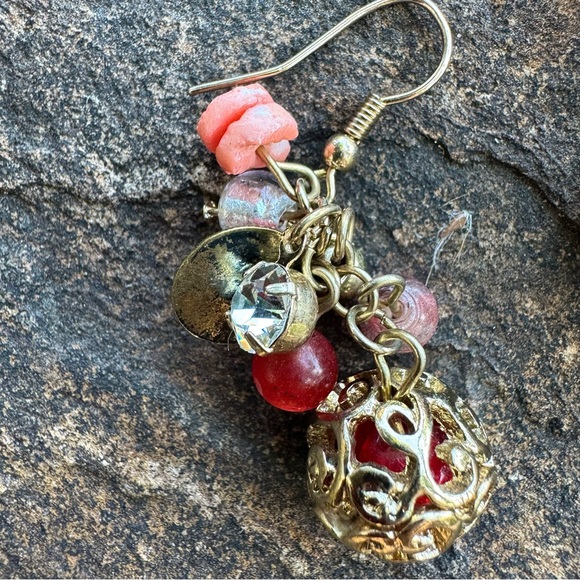 Vintage 🖤 Boho Gold Tone & Peach Cluster Earrings Dangle Drop Rhinestone Orange - Picture 5 of 8